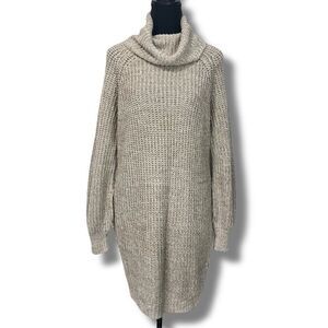 No Comment Cowl Turtleneck Long Tunic Sweater Women’s Large Tan Oatmeal